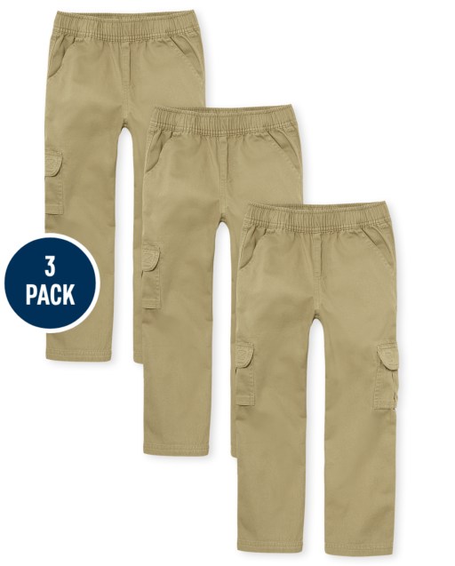 Boys Uniform Woven Pull On Chino Cargo Pants 3-Pack