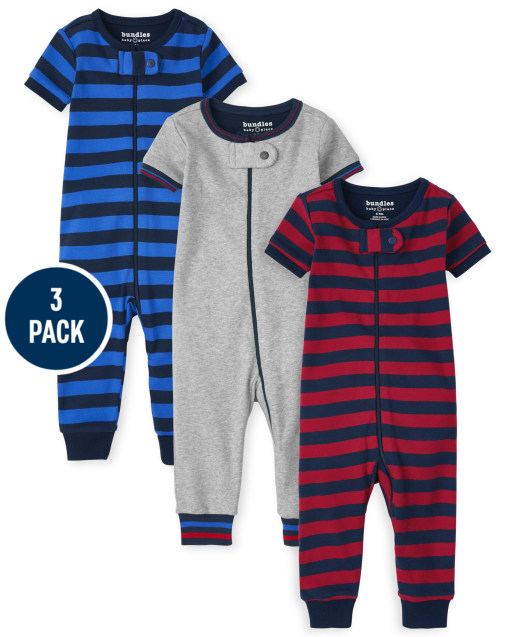 Paquete de 3 pijamas de una pieza de algodón a rayas de manga corta para bebés y niños pequeños