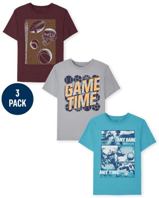 Boys Short Sleeve Sports Balls 'Game Time' and 'Any Game Any Time' Graphic Tee 3-Pack