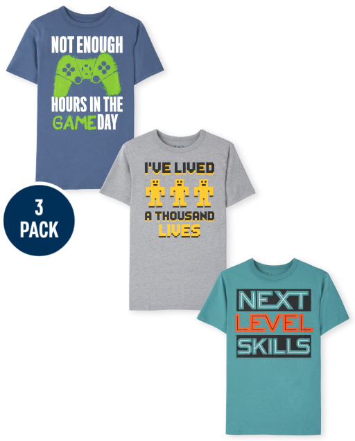 Boys Short Sleeve 'Next Level Skills' 'Not Enough Hours In the Game Day' and 'I've Lived A Thousand Lives' Graphic Tee 3-Pack