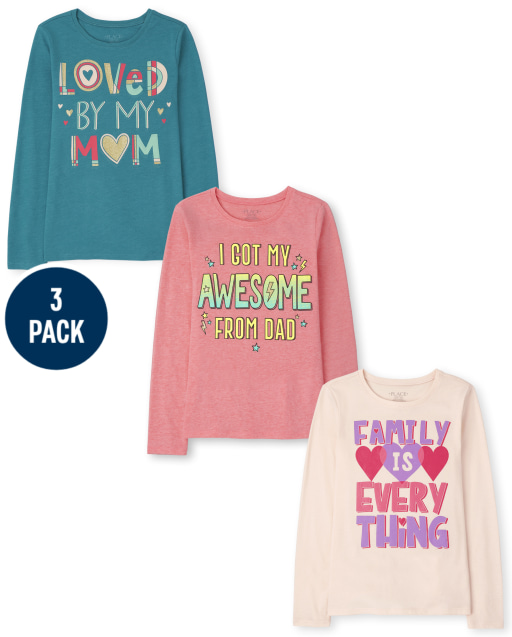 Girls Long Sleeve 'Loved By My Mom' 'I Got My Awesome From Dad,' And 'Family Is Everything' Graphic Tee 3-Pack