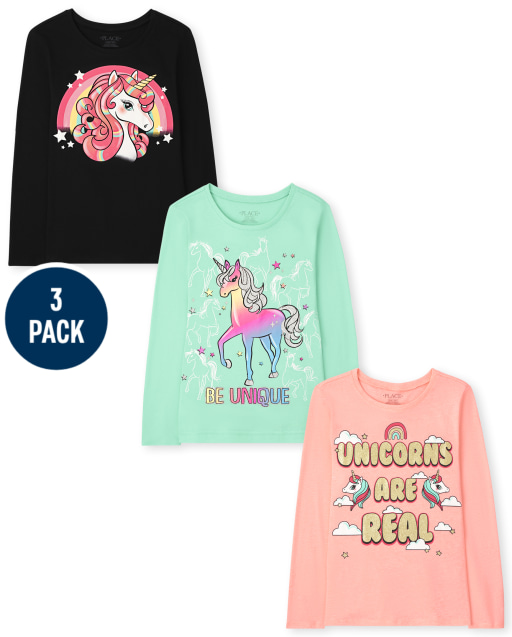Girls Long Sleeve Unicorn Graphic Tee 3-Pack
