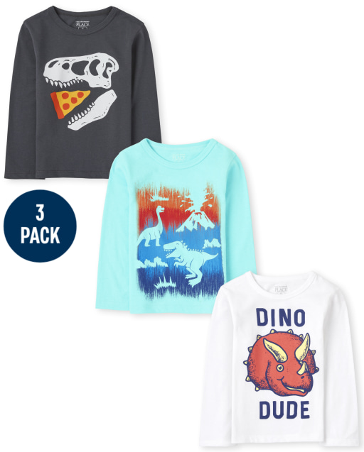 Paquete de 3 camisetas con gráfico Dino para niños pequeños