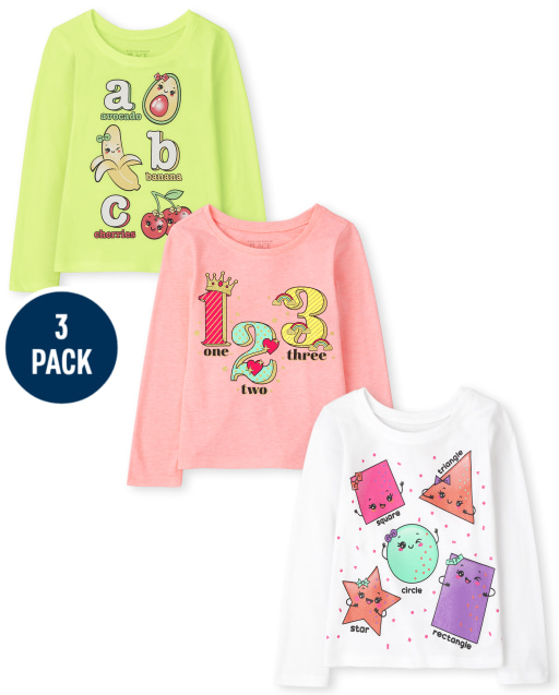 Paquete de 3 camisetas de manga larga con estampado educativo para niñas pequeñas