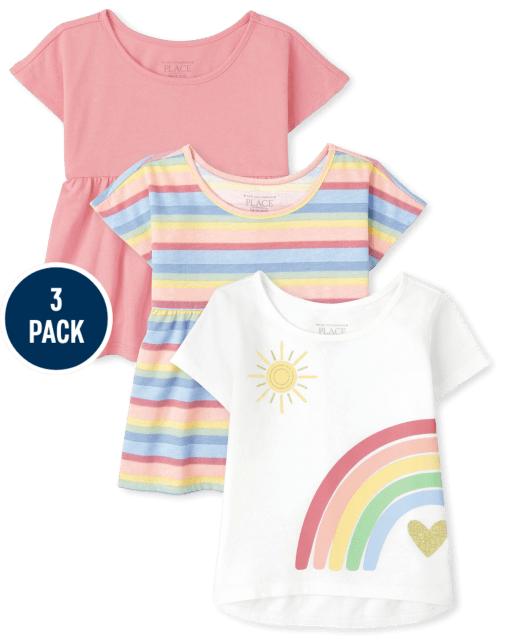 Toddler Girls Short Sleeve Rainbow Top 3-Pack