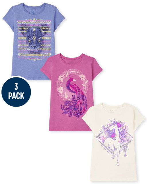 Girls Short Sleeve Animal Graphic Tee 3-Pack