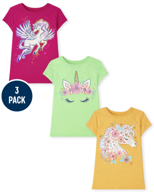 Girls Short Sleeve Unicorn Graphic Tee 3-Pack
