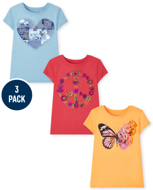 Paquete de 3 camisetas de manga corta con gráfico floral de mariposa para niñas
