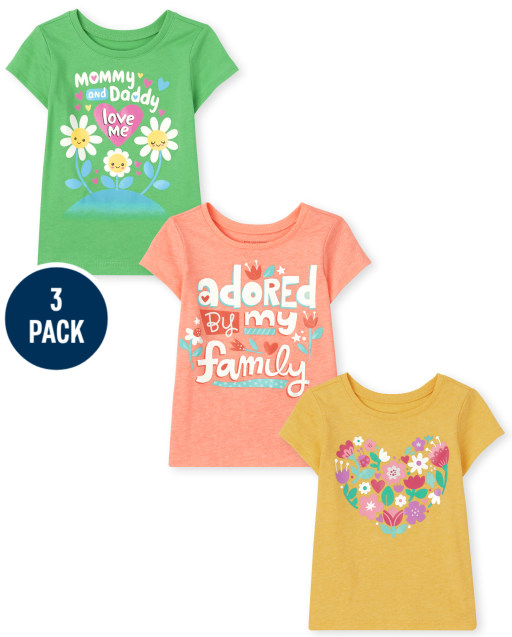 Paquete de 3 camisetas con estampado familiar para niñas pequeñas