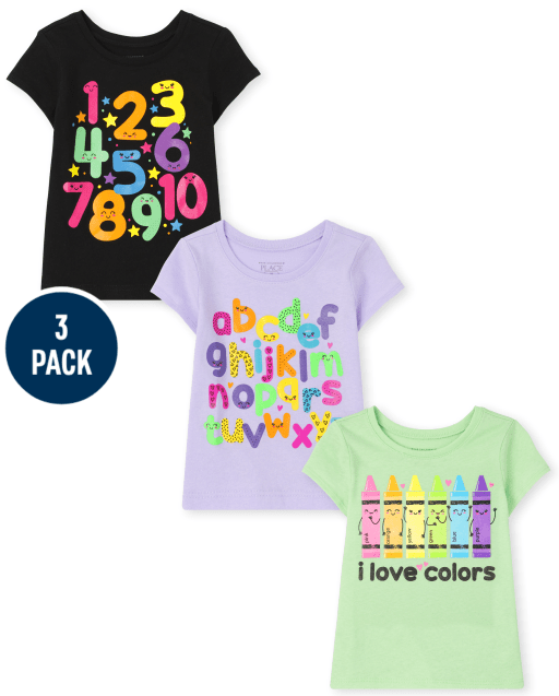 Toddler Girls Short Sleeve Educational Graphic Tee 3-Pack