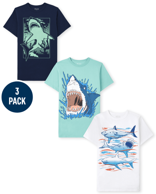 Paquete de 3 camisetas de manga corta con gráfico de tiburón para niños