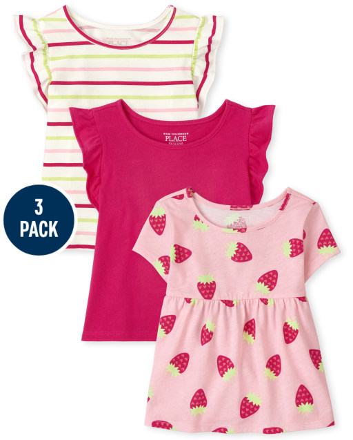Toddler Girls Short Sleeve Strawberry Ruffle Top 3-Pack