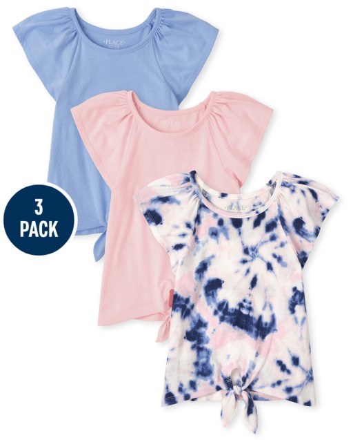 Pack de 3 blusas con lazo al frente anudado y teñido anudado para niñas