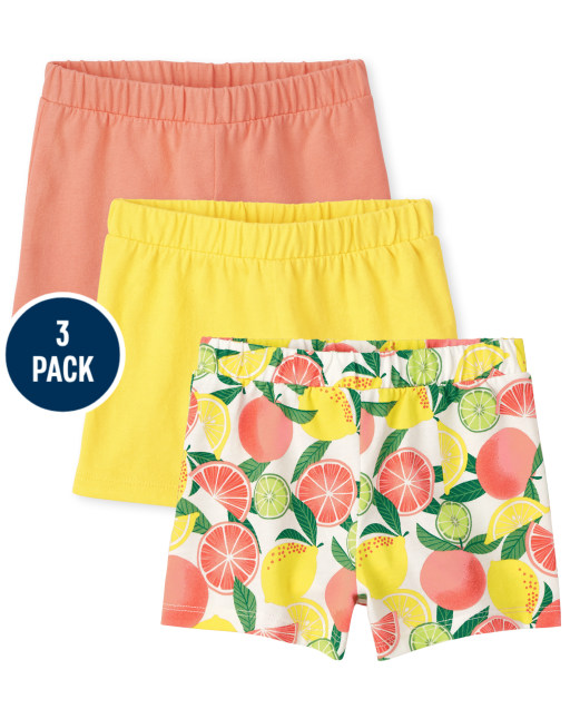 Shorts de punto con estampado de frutas Mix and Match para niñas pequeñas, paquete de 3