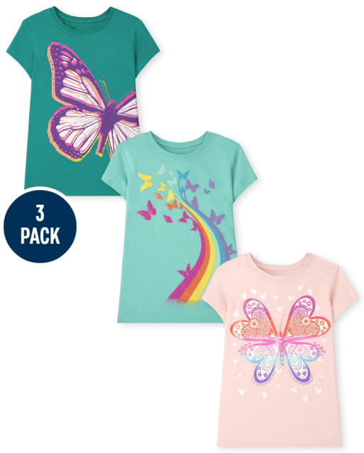 Paquete de 3 camisetas de manga corta con estampado de mariposas para niñas