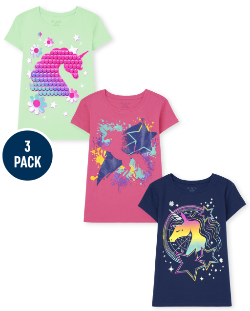 Paquete de 3 camisetas de manga corta con gráfico de unicornio para niñas