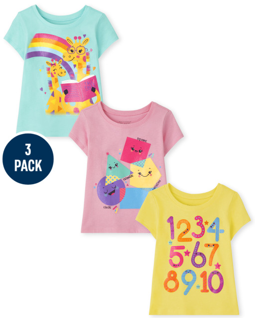 Paquete de 3 camisetas gráficas educativas de manga corta para bebés y niñas pequeñas