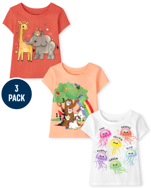 Toddler Girls Short Sleeve Animal Graphic Tee 3-Pack