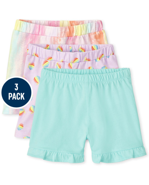 Pack de 3 shorts con volantes de punto liso y estampado Mix And Match para niñas pequeñas