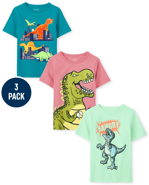 Paquete de 3 camisetas de manga corta con gráfico de dinosaurio para niños pequeños