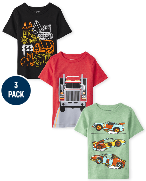 Paquete de 3 camisetas de manga corta con gráfico de vehículo para niños pequeños