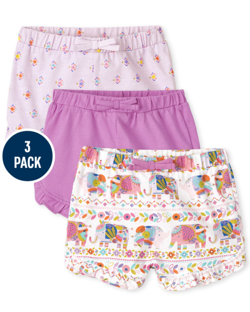 Pack de 3 shorts de punto con volantes y elefante para bebé niña