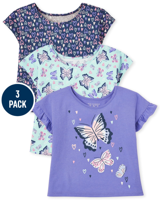Paquete de 3 tops de manga corta con estampado de mariposas para niñas pequeñas