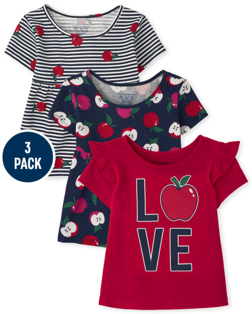 Toddler Girls Short Sleeve Apple Print Top 3-Pack