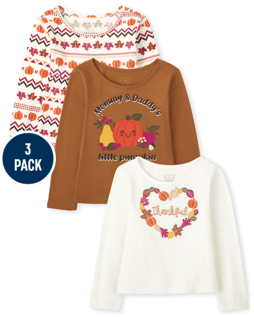 Toddler Girls Long Sleeve Fall Graphic Top 3-Pack