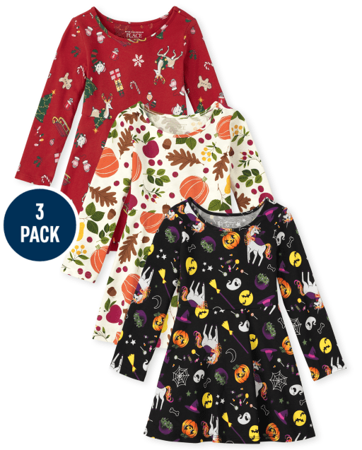Toddler Girls Long Sleeve Holiday Print Knit Skater Dress 3-Pack