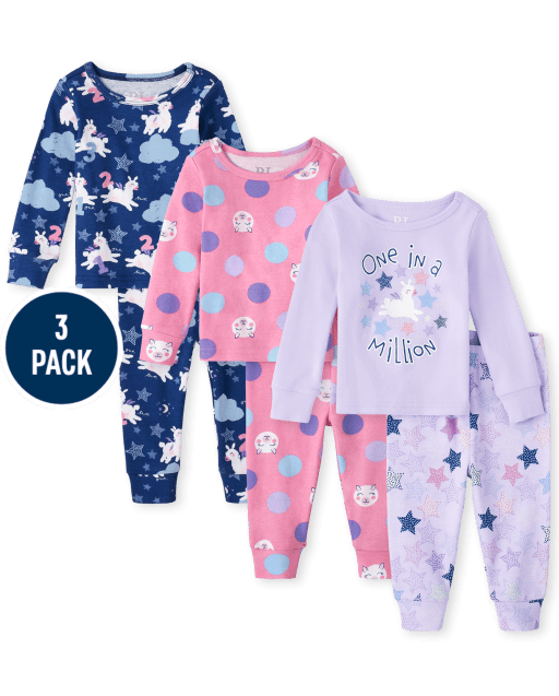 Baby And Toddler Girls Long Sleeve 'One In A Million' And Sheep Snug Fit Cotton Pajamas 3-Pack