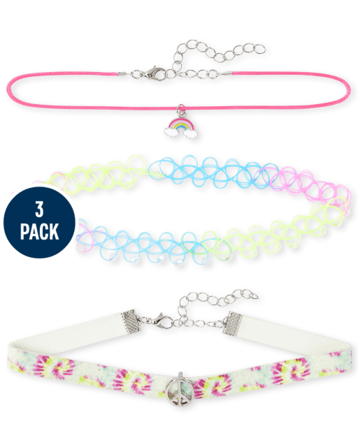 Girls Rainbow Choker Necklace 3-Pack