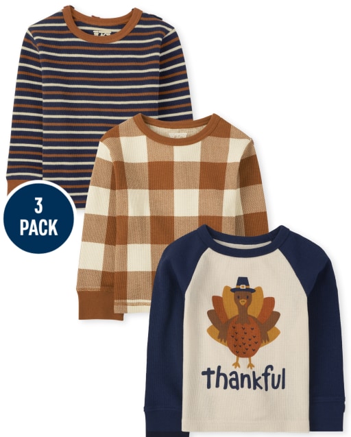 Toddler Boys Long Sleeve Turkey Waffle Knit Thermal Top 3-Pack