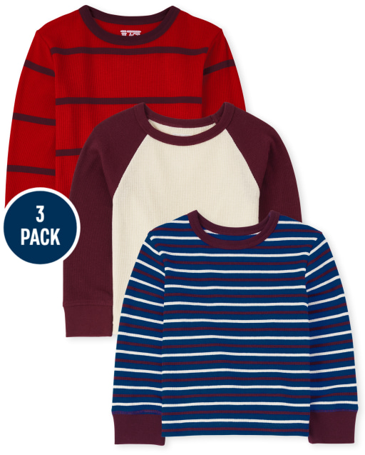 Toddler Boys Long Sleeve Striped Waffle Knit Thermal Top 3-Pack