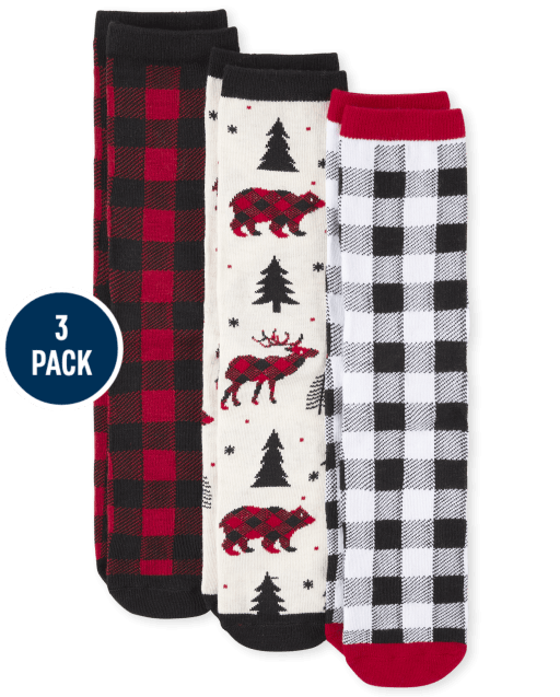 Unisex Adult Matching Family Christmas Buffalo Plaid Crew Socks 3-Pack