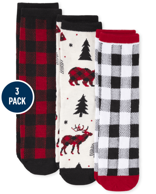 Unisex Kids Matching Family Christmas Buffalo Plaid Crew Socks 3-Pack
