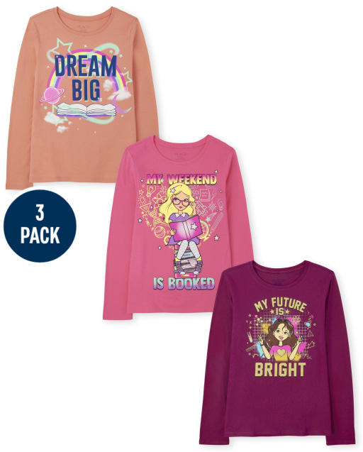 Girls Long Sleeve Education Graphic Tee 3-Pack