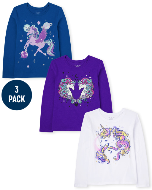 Paquete de 3 camisetas de manga larga con gráfico de unicornio para niñas