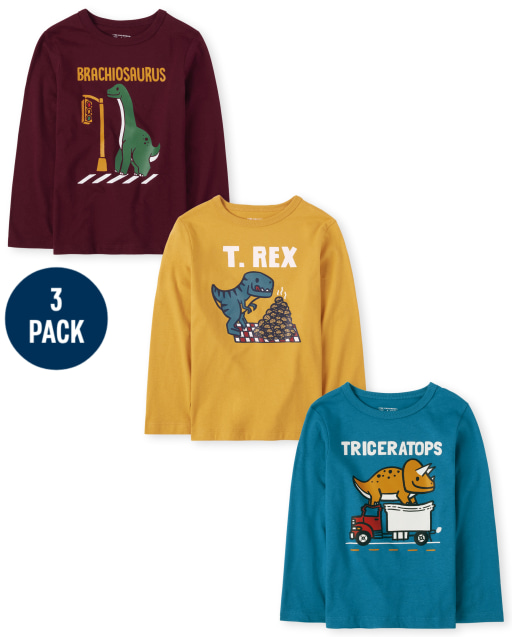Toddler Boys Long Sleeve Dino Graphic Tee 3-Pack
