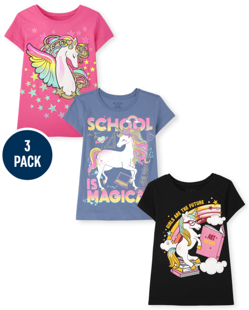 Paquete de 3 camisetas de manga corta con gráfico Unicorn School para niñas
