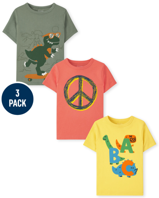 Paquete de 3 camisetas de manga corta con gráfico de dinosaurio para niños pequeños