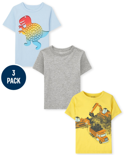 Paquete de 3 camisetas de manga corta con estampado de Dino y construcción para niños pequeños