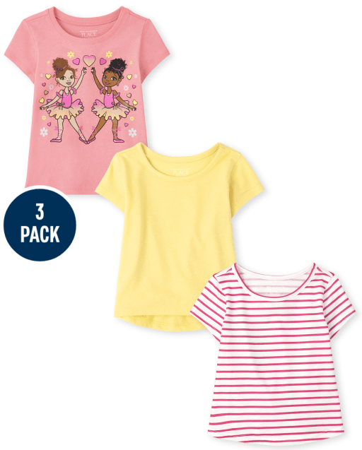 Pack de 3 camisetas de rayas y bailarina de manga corta para bebés y niñas pequeñas