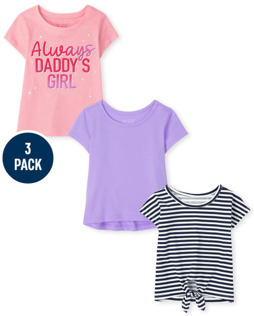 Paquete de 3 camisetas de manga corta con rayas y papá para bebés y niñas pequeñas
