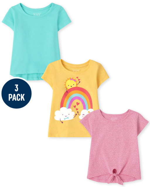 Paquete de 3 tops de manga corta con arcoíris y lazo en la parte delantera para bebés y niñas pequeñas