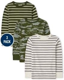 Boys Long Sleeve Camo And Striped Thermal Top 3-Pack