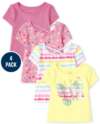 Paquete de 4 camisetas básicas con capas estampadas para niñas pequeñas
