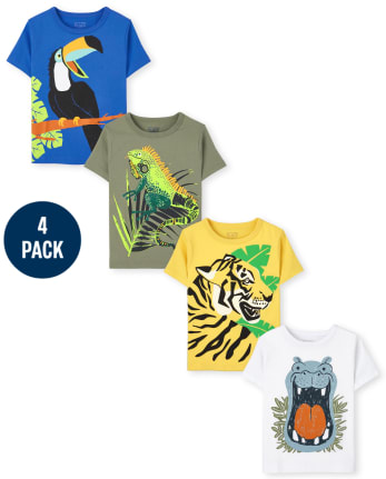 Paquete de 4 camisetas con estampado de animales para niños pequeños