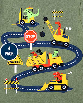 Lot de 4 t-shirts à motif de dinosaure véhicule pour tout-petits garçons