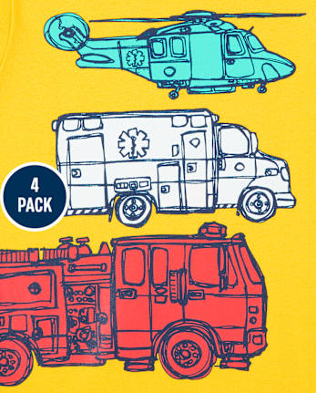 Lot de 4 t-shirts à motif de dinosaure véhicule pour tout-petits garçons